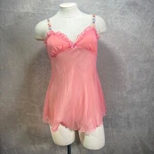 True Light USA Babydoll Sheer Camisole Flower appliqué Straps Size L Pink Y2K